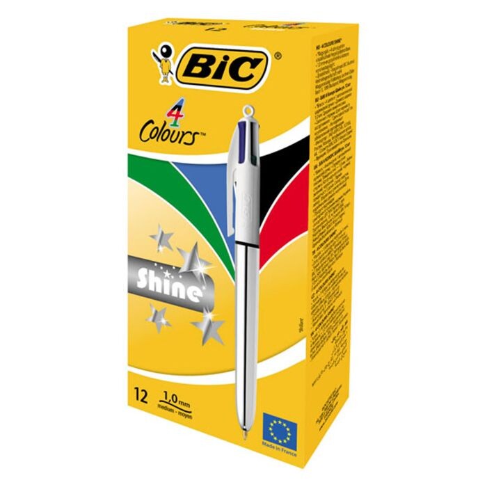BOLIGRAFO BIC 4 COLORES SHINE PLATA C/12 UD.