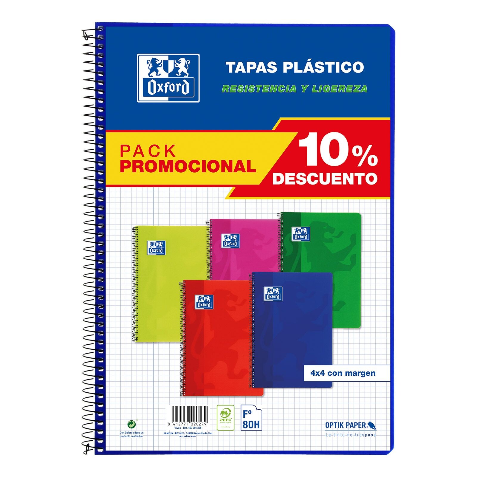 PACK 10% 5 BLOC Fº 80H 90GR 4X4 T/P OXFORD VIVOS
